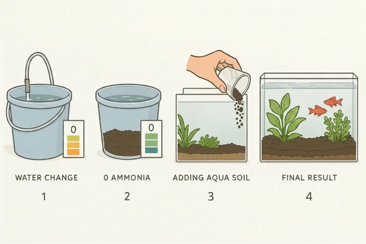 Four-step guide showing an aquarium water change, testing zero ammonia, adding aqua soil, and the final fish tank setup.