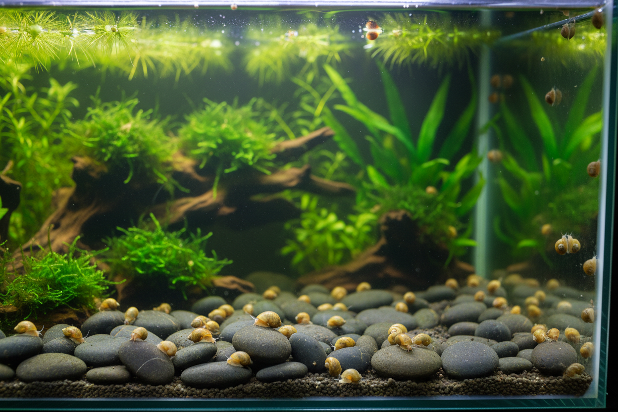 Front view of a lush planted aquarium being over run by pest snails