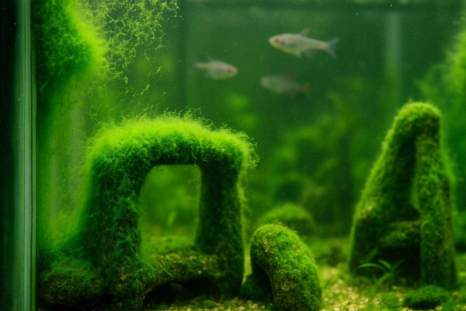 Front view of an aquarium completely covered in hair algae