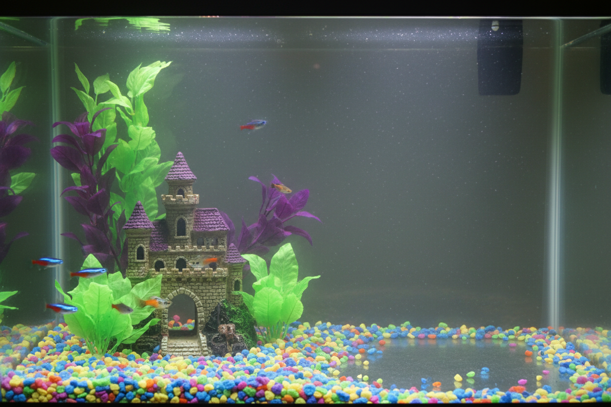 Bare empty fish cloudy fish tank with rainbow gravel, a castle ornament and fake plants, representing a newly set up aquarium