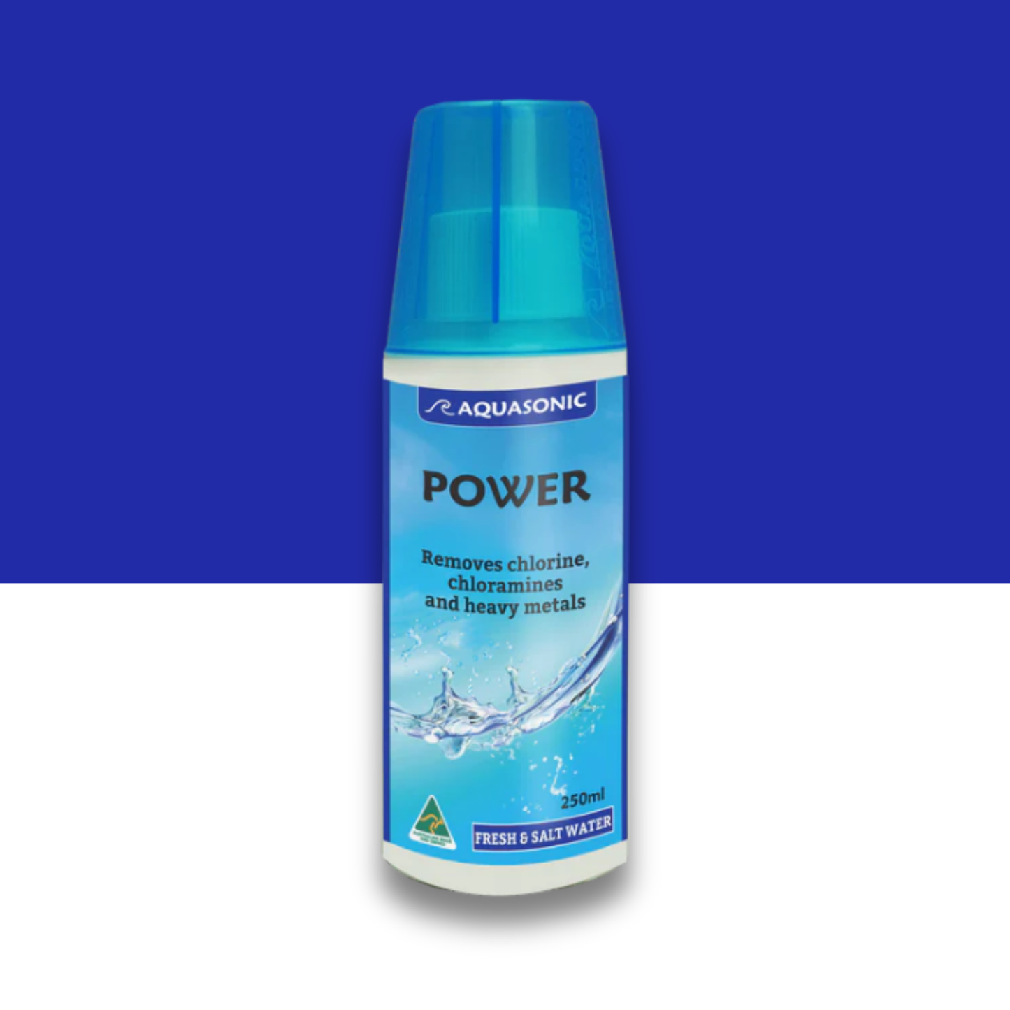 Aquasonic Power water treatment product on a blue and white background