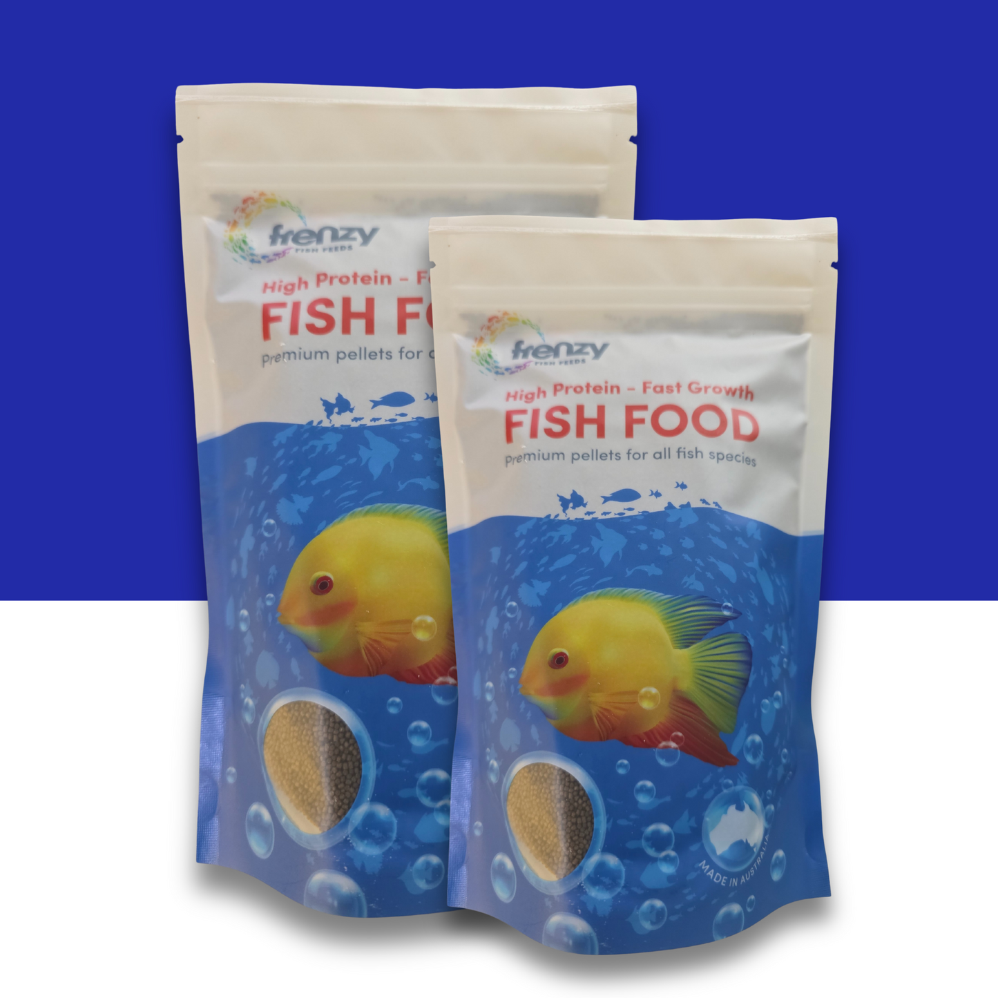 Two 100g packages of frenzy fish food on a blue and white background