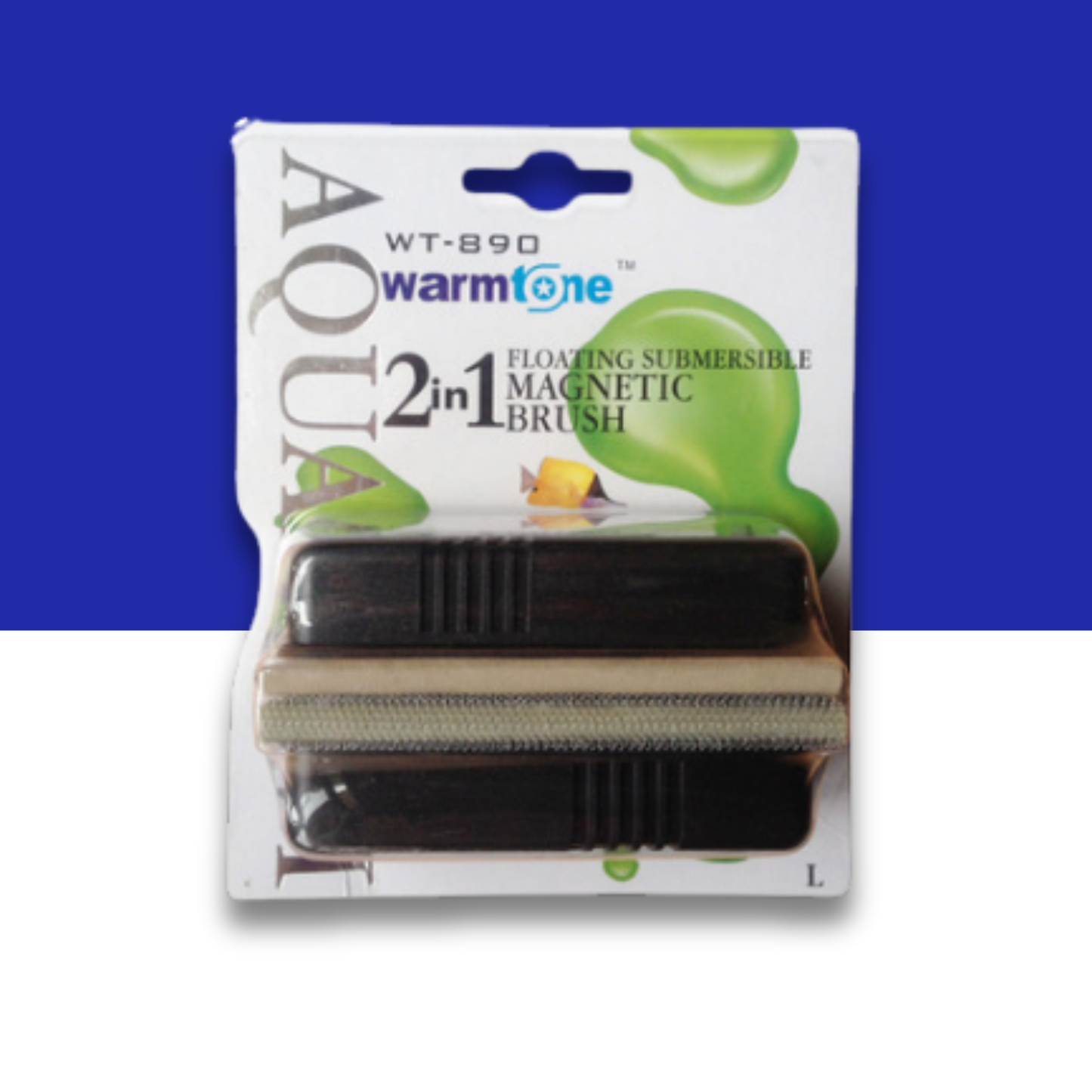 Packaged 2-in-1 floating submersible magnetic brush with 'warm tone' branding on a blue and white background.