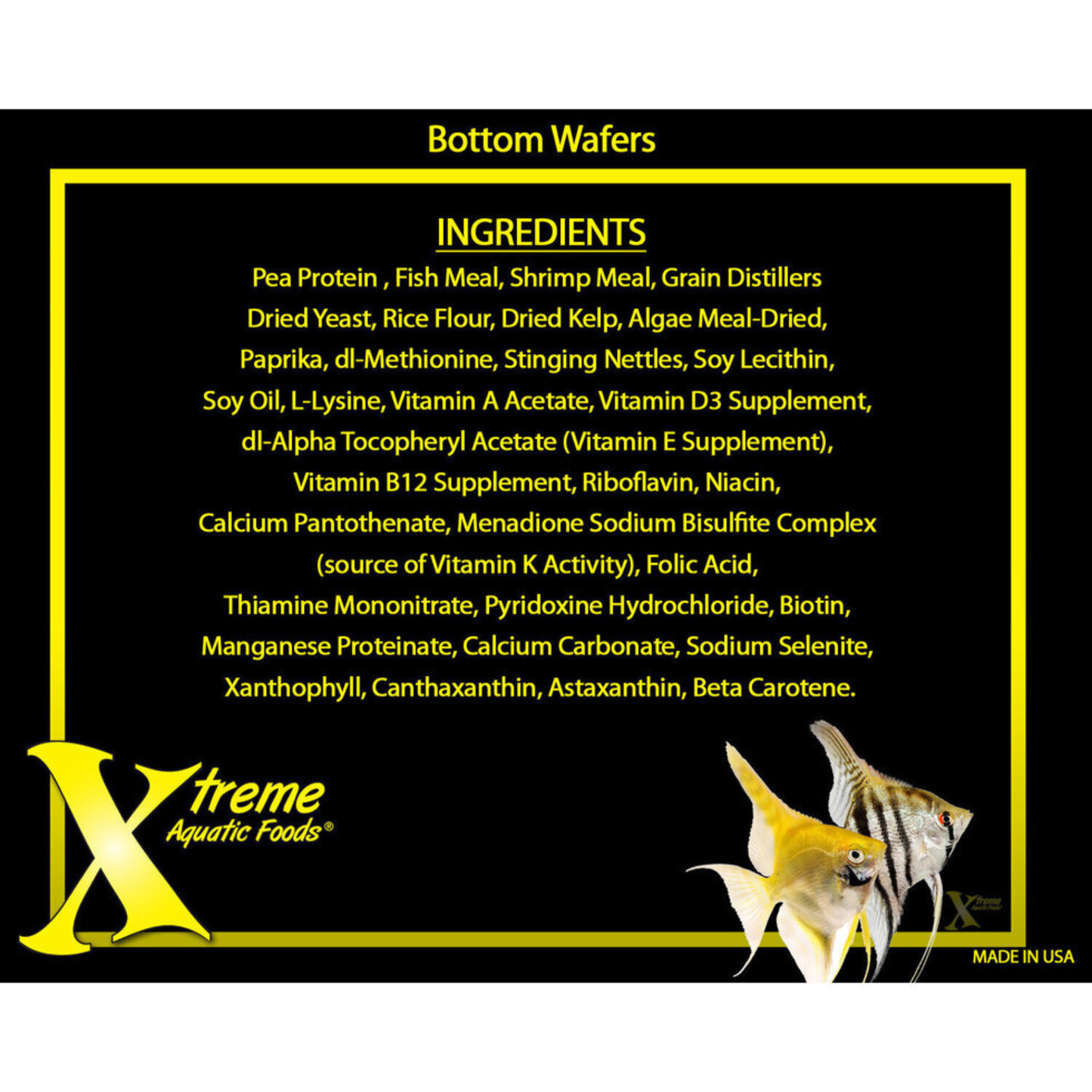 Ingredients list for Xtreme Aquatic Foods Bottom Wafers with a black background, yellow text and angelfish.