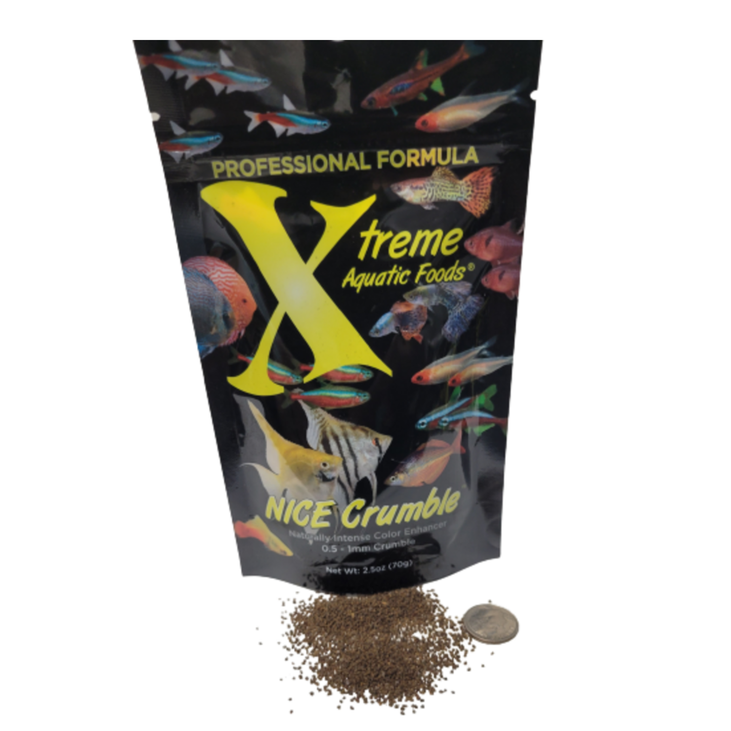 Pouch of Xtreme Aquatic Foods Nice Intense Color Enhancer Sinking Crumble with fish illustrations and pellet size to coin comparison on a white background