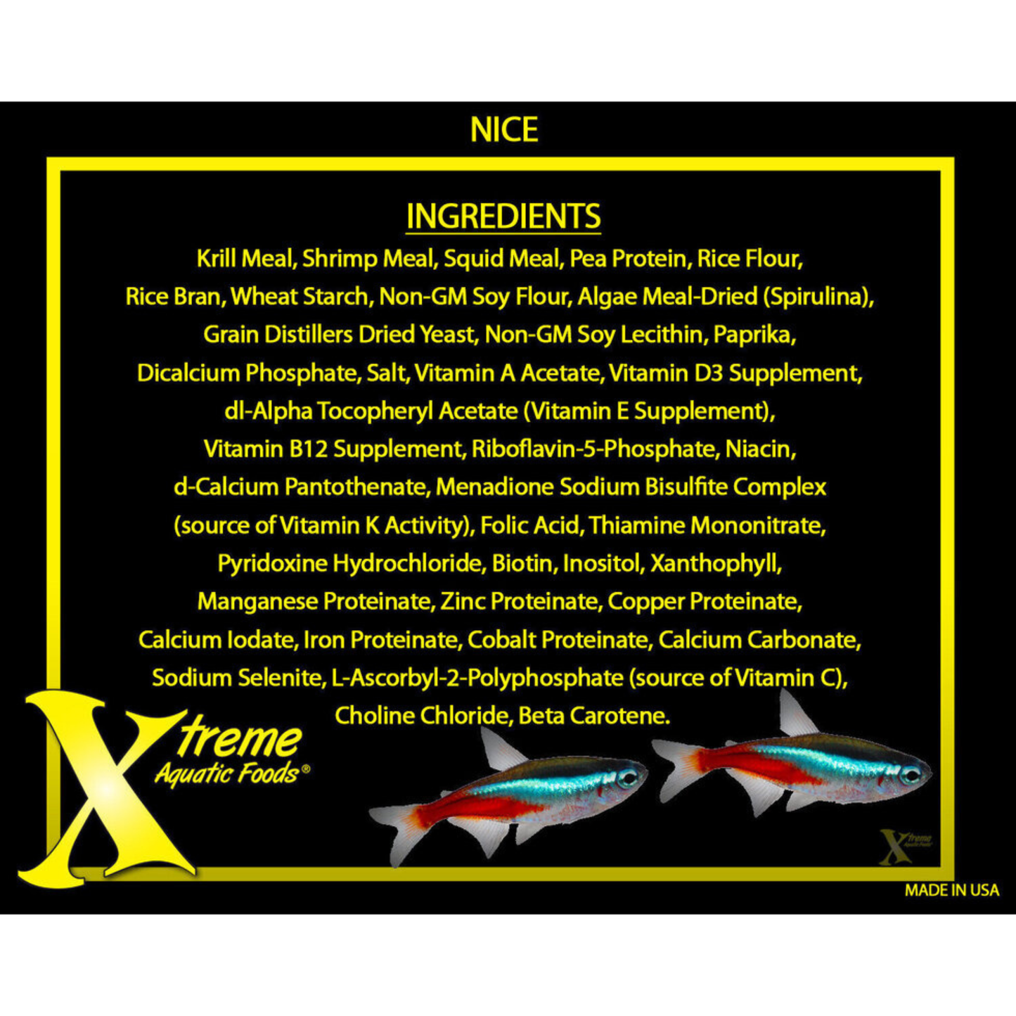 Ingredients list for Xtreme Aquatic Foods 1.5mm Semi-Floating with two fish illustrations on a black background.