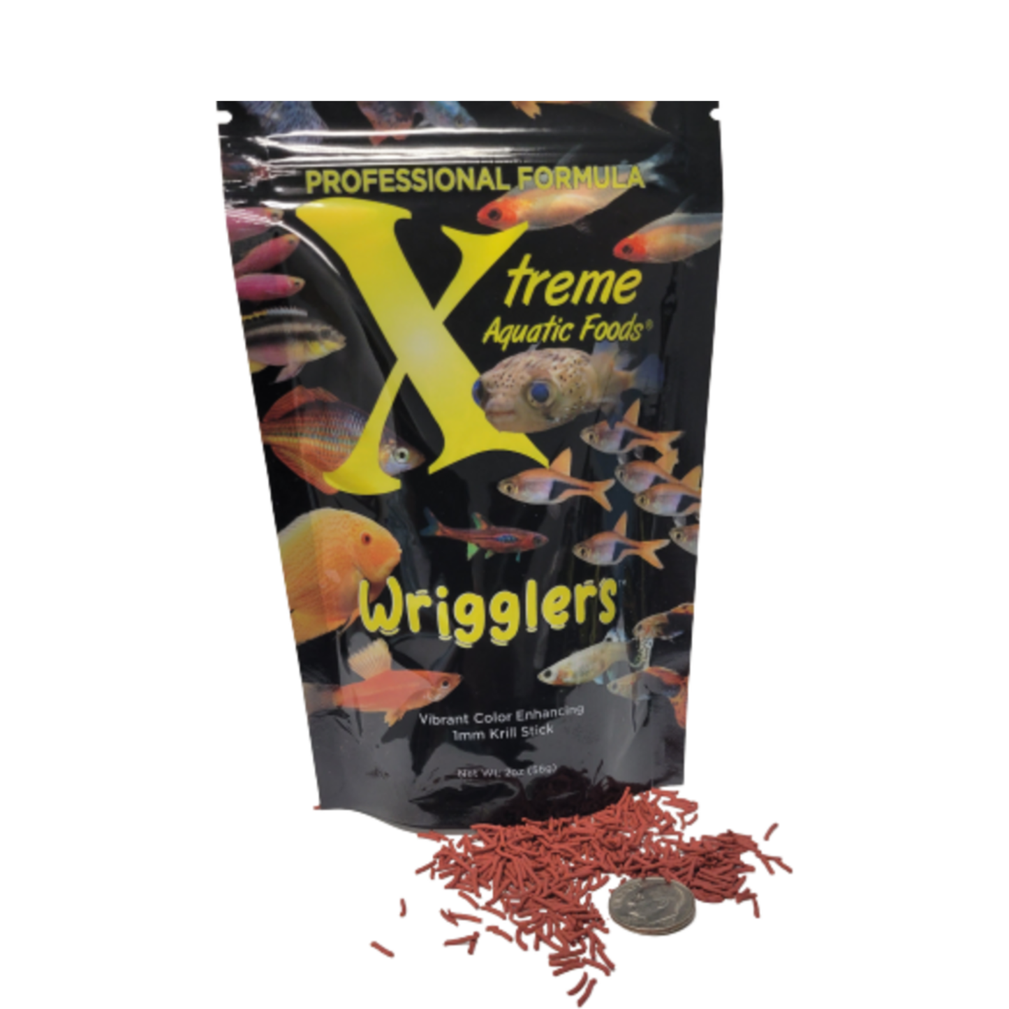 Pouch of Xtreme Aquatic Foods Wrigglers with pellet size comparison to a coin on a white background