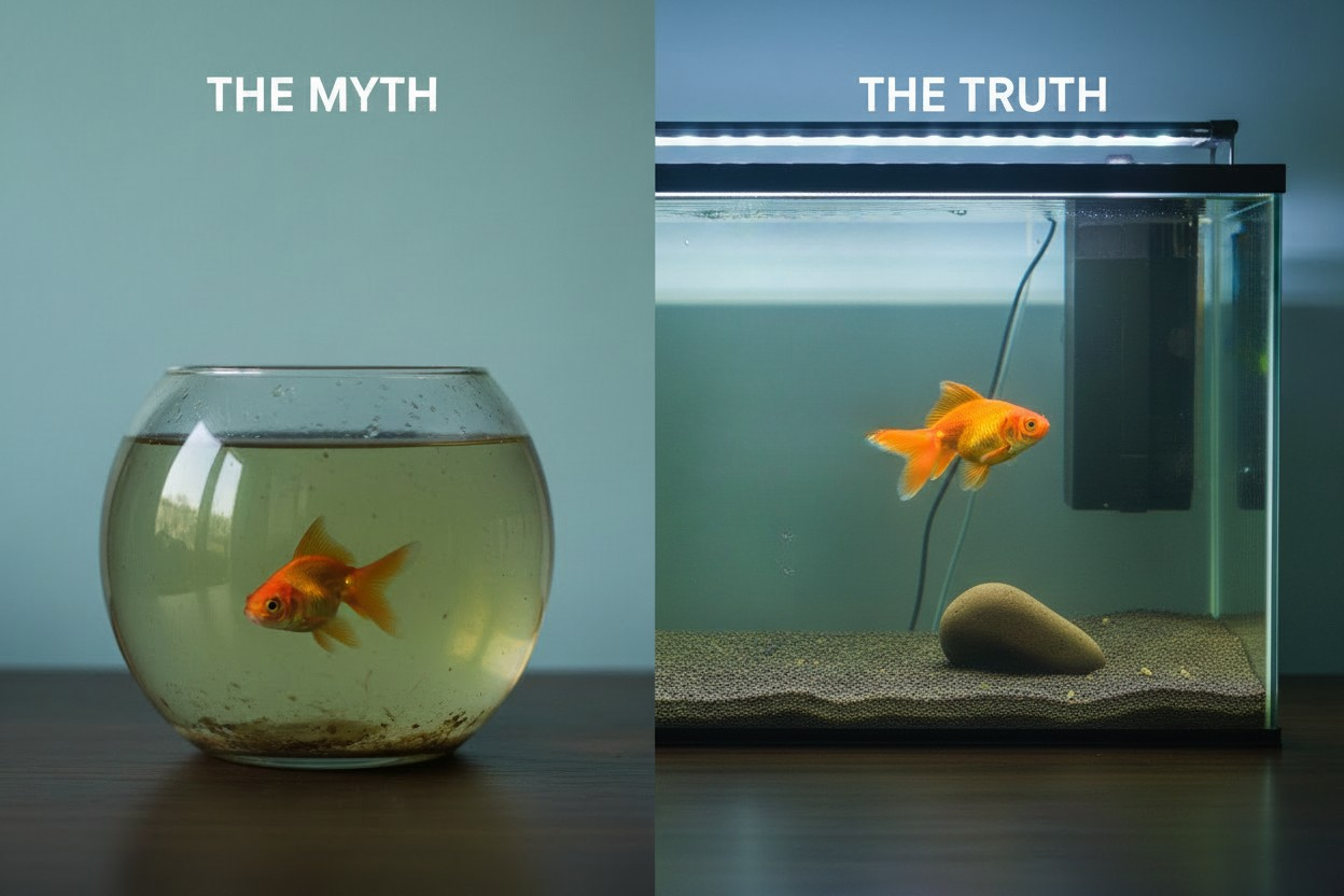 A split image showing a goldfish in a small fishbowl on the left representing a common aquarium myth, and a goldfish thriving in a large properly filtered aquarium on the right representing the truth about goldfish care.