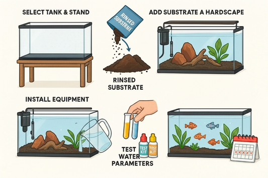 Six-step guide to set up an aquarium, from tank placement and adding substrate to water testing and tank cycling.