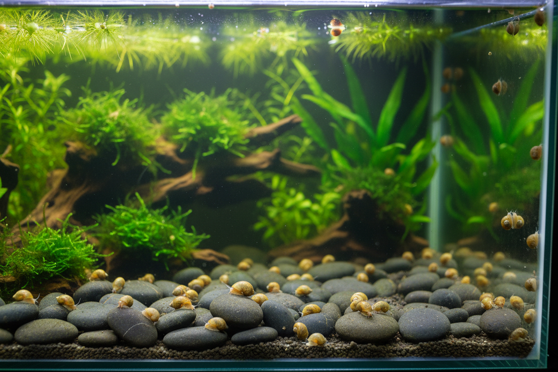 Front view of a lush planted aquarium being over run by pest snails