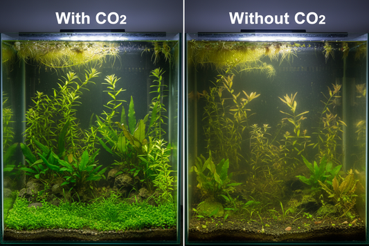 A side-by-side comparison diagram of two planted aquariums showing lush, vibrant green plant growth with CO2 injection on the left versus sparse, yellowing plant growth without CO2 on the right.