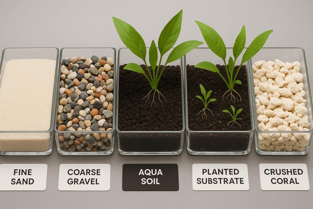 An aquarium substrate comparison diagram showing fine sand, coarse gravel, aqua soil with live plants, planted substrate, and crushed coral in glass containers.