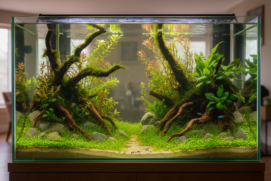 Front view of a planted aquascape wigh driftwood and lush plants