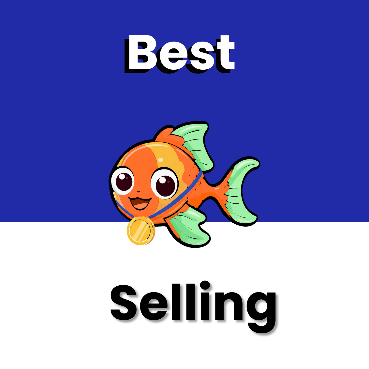 Best selling bred by us with a fish illustration wearing a gold medal