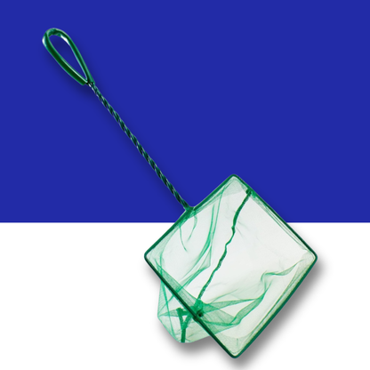 Green Nylon fish net on a blue and white background