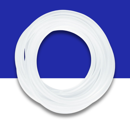 Coiled white aquarium airline tubing on a blue and white background