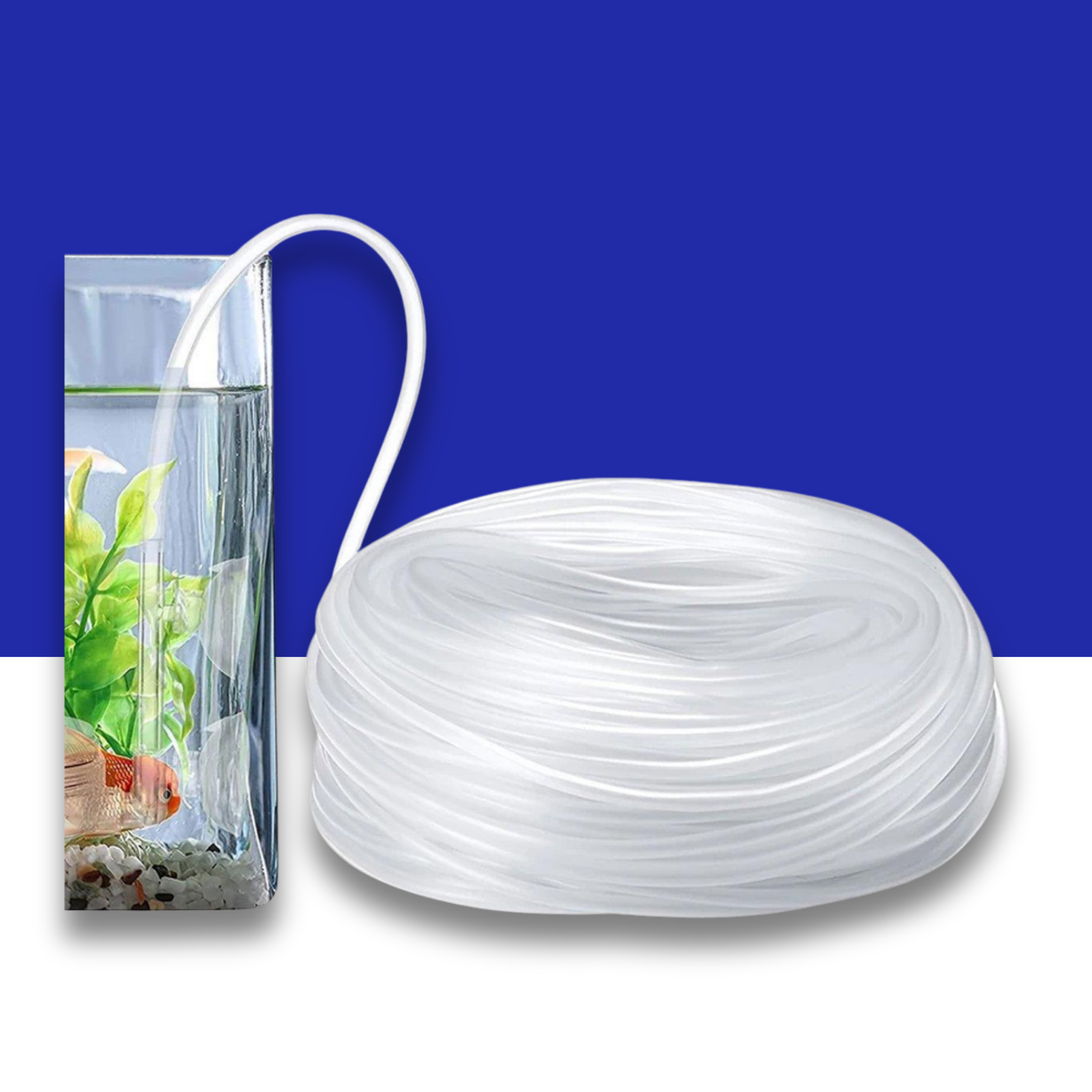 White Airline Tube for aquariums with a small aquarium inset on a blue and white background