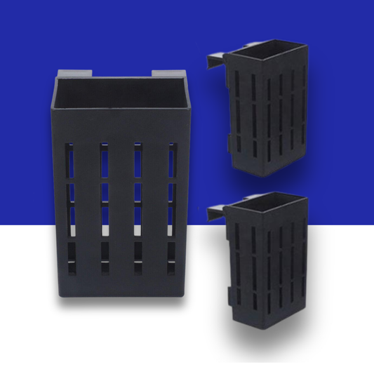 Three black rectangular plastic Plant holders with slotted design on a blue and white background