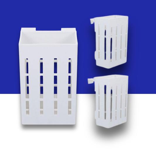 Three white rectangular plastic Plant holders with slotted design on a blue and white background
