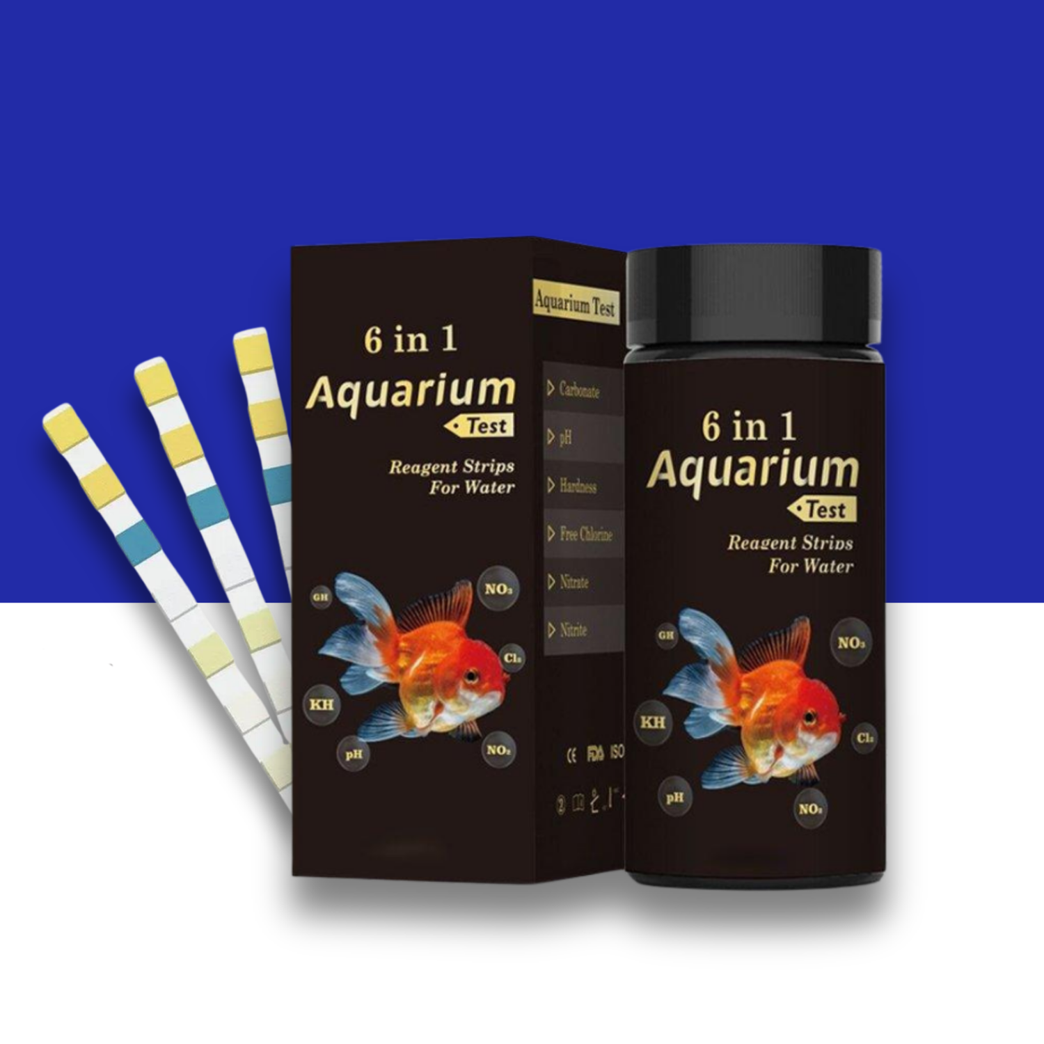 6 in 1 Aquarium Test kit with reagent strips on a blue and white background