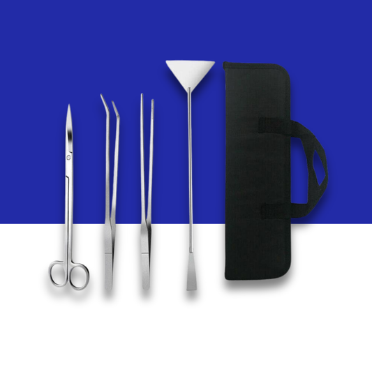 Set of aquascape tools including scissors, tweezers, and rake on a blue and white background.