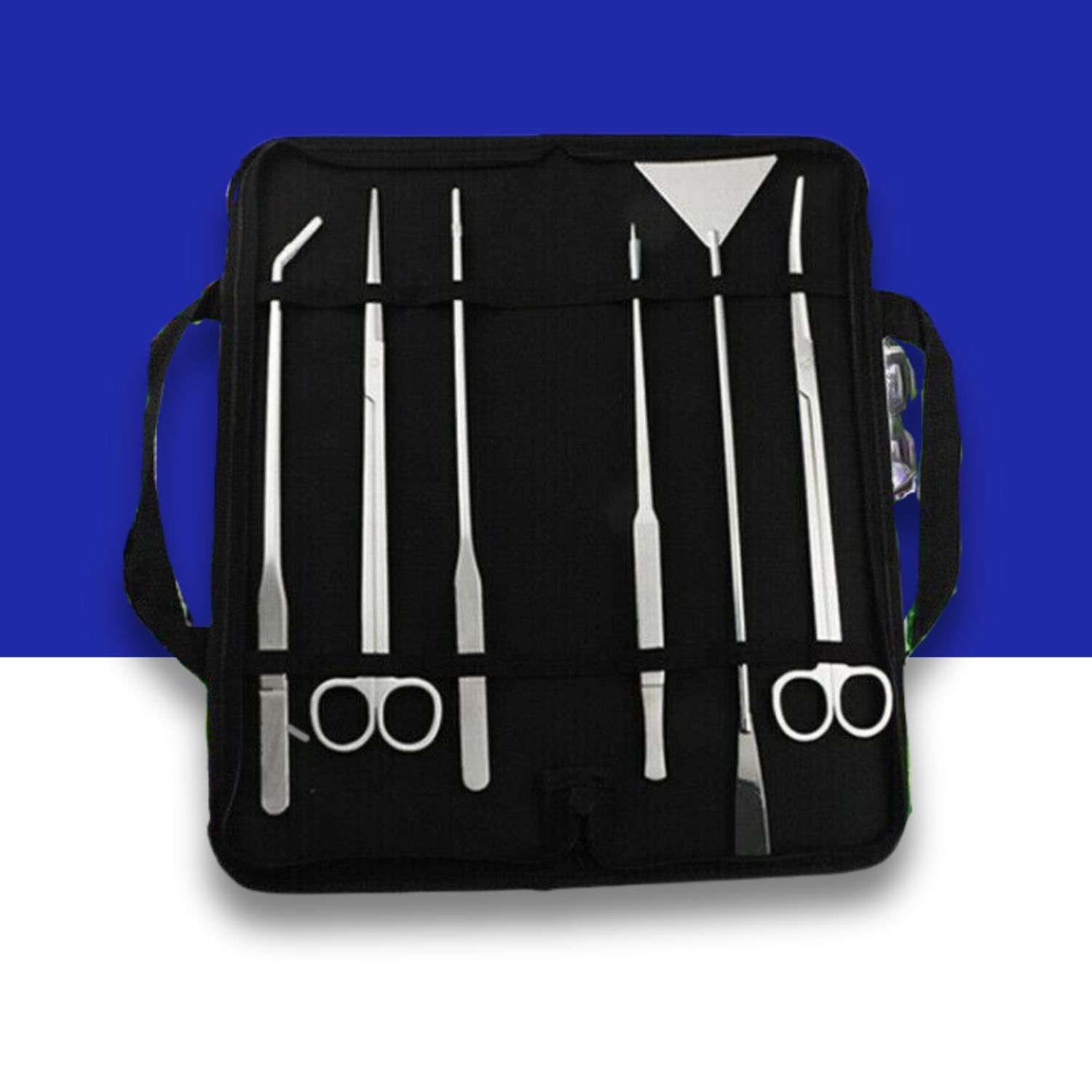 Set of aquascape tools including scissors, tweezers, and rake on a blue and white background.