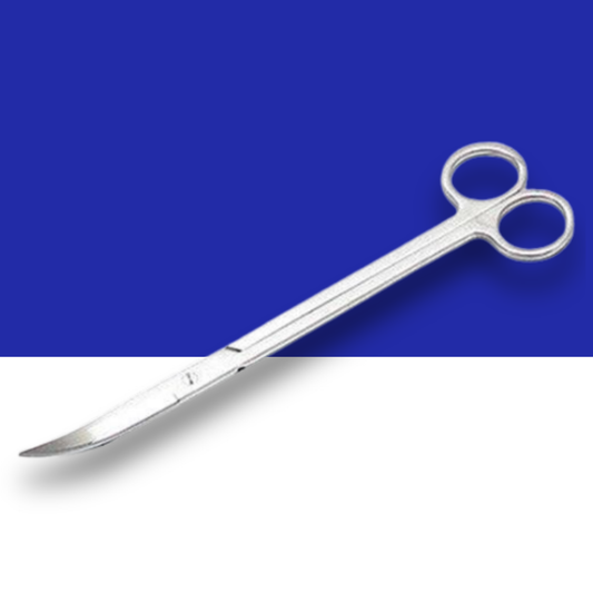 Metal scissors on a blue and white background