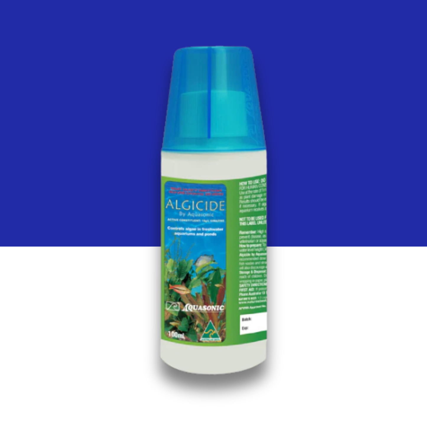 Aquascape Alglicide bottle with blue cap on a blue and white background