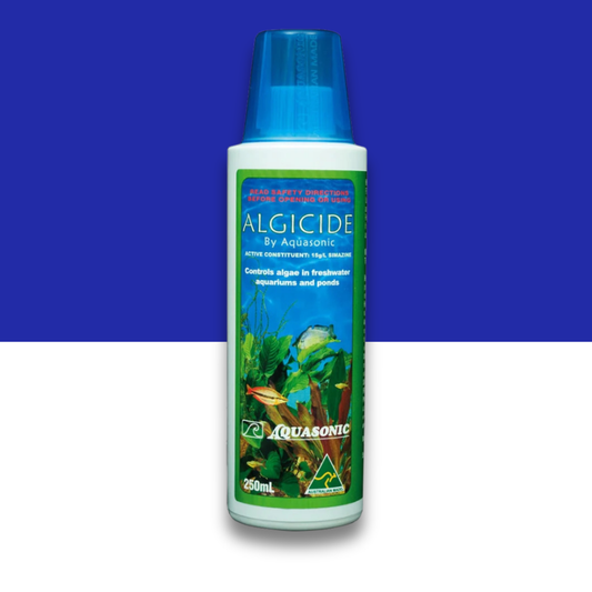 Aquasonic algicide bottle with blue and green design on a blue and white background