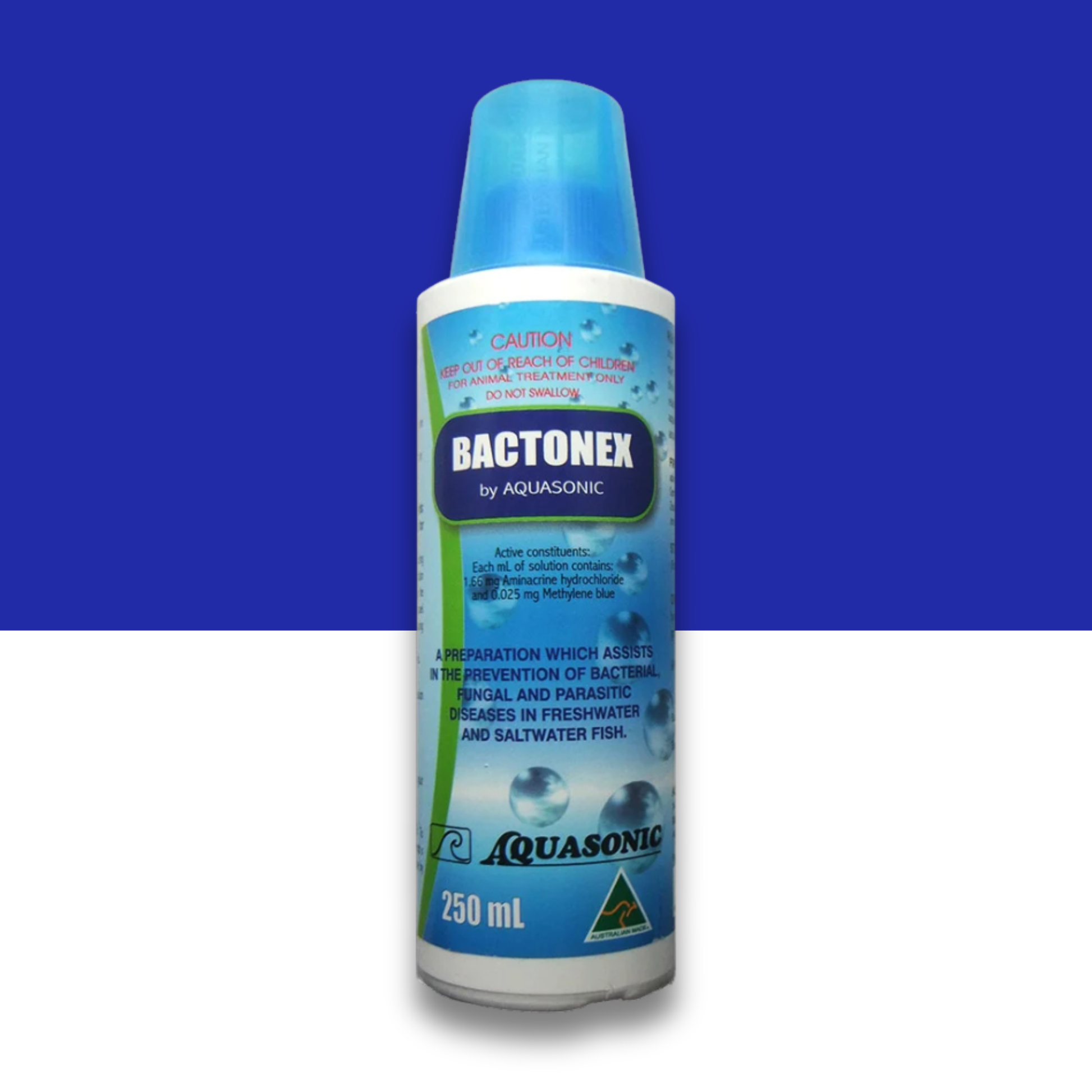 Bactonex by Aquasonic medication bottle on a blue and white background
