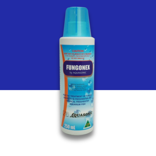 Fungonex by Aquasonic medicine bottle with a blue cap on a blue and white background