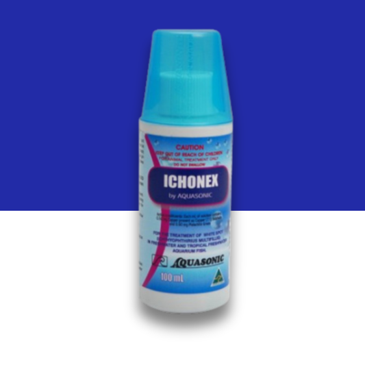 Ichonex by Aquasonic medicine bottle with blue cap on a blue and white background