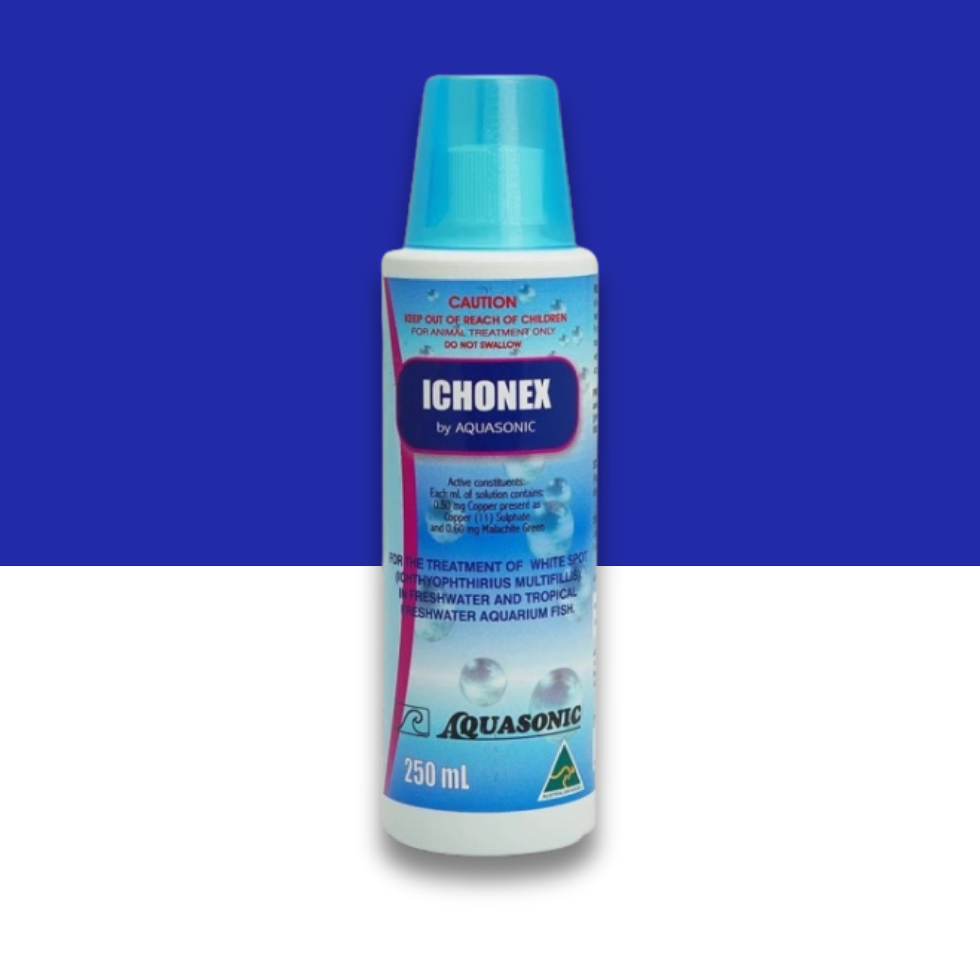 Ichonex by Aquasonic medicine bottle with a blue cap and a blue and white label on a blue and white background