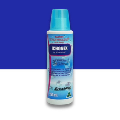 Ichonex by Aquasonic medicine bottle with a blue cap and a blue and white label on a blue and white background
