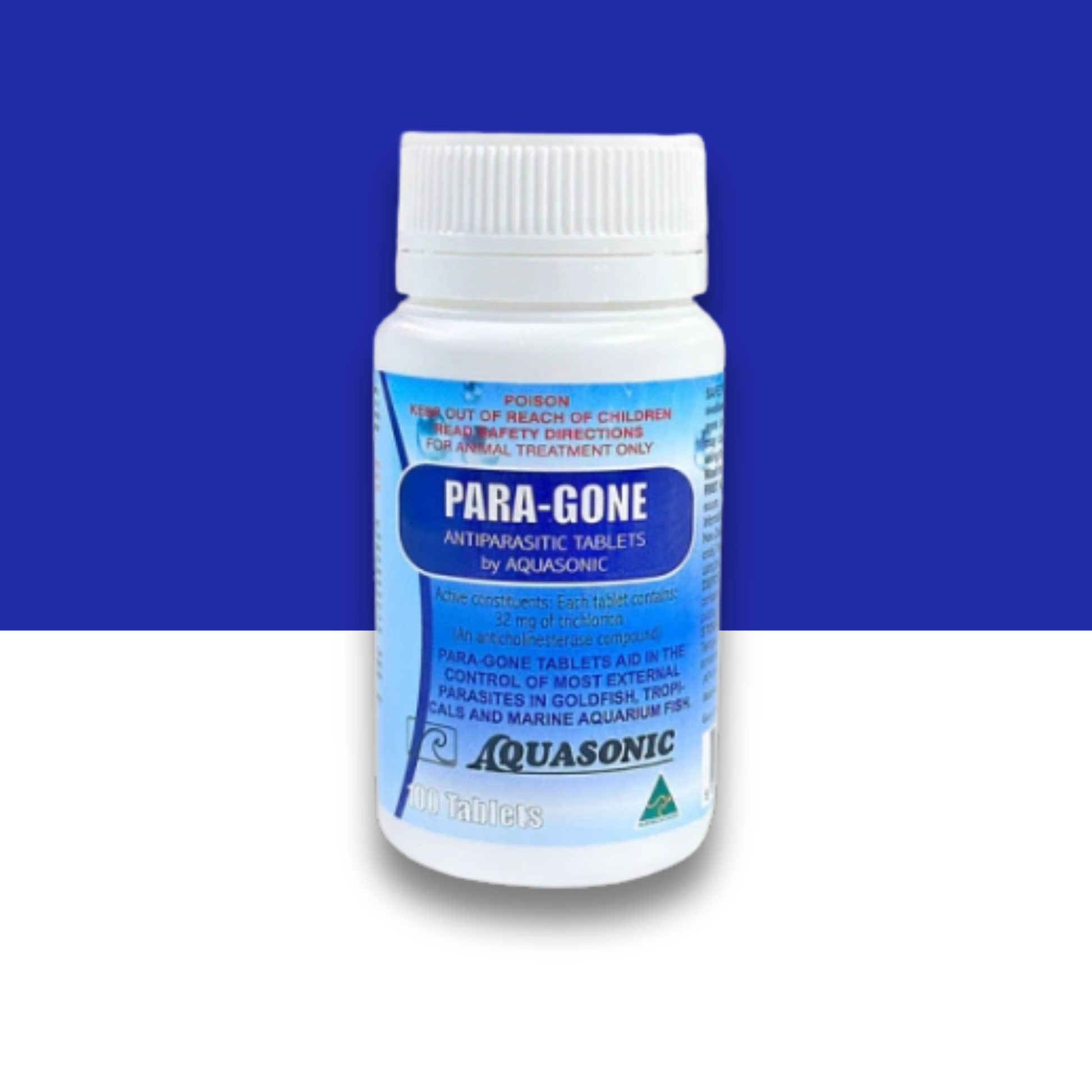 Aquasonic Para-Gone antiparasitic tablets bottle on a blue and white background