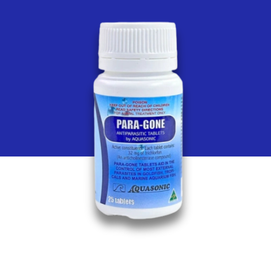Aquasonic Para-Gone antiparasitic tablets bottle with blue label on a blue and white background