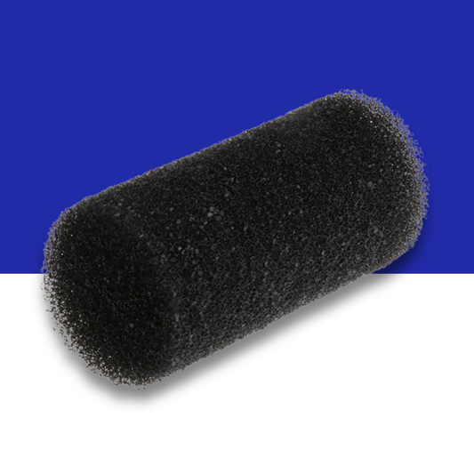 Black cylindrical foam filter on a blue and white background