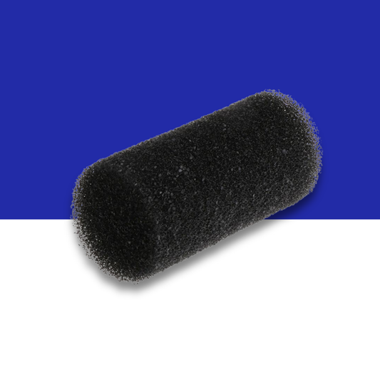Black cylindrical foam filter on a blue and white background