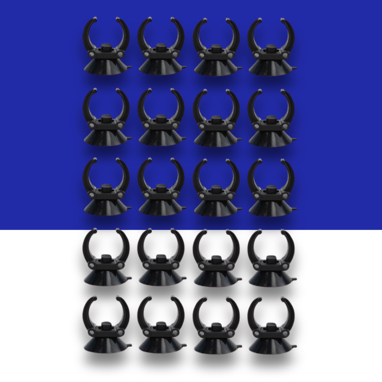 Black suction cups arranged in a grid on a blue and white background