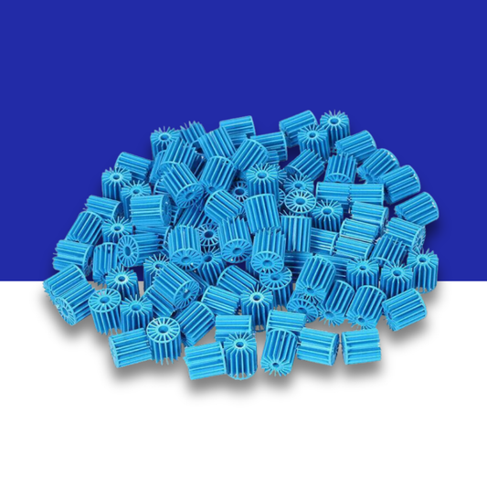 Blue plastic bio media balls on a blue and white background