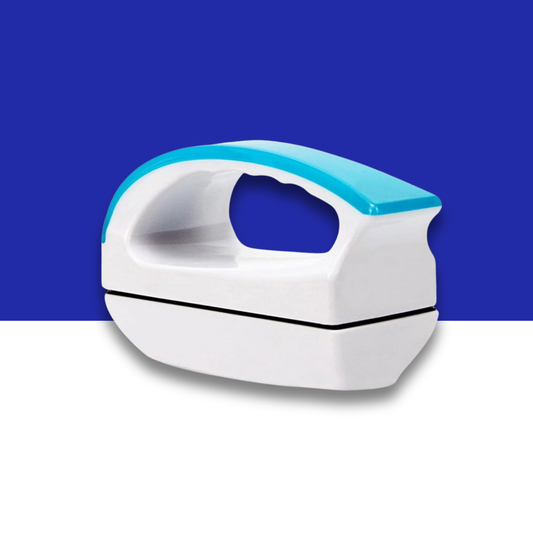 Small white and blue magnetic algae cleaner on a blue and white background