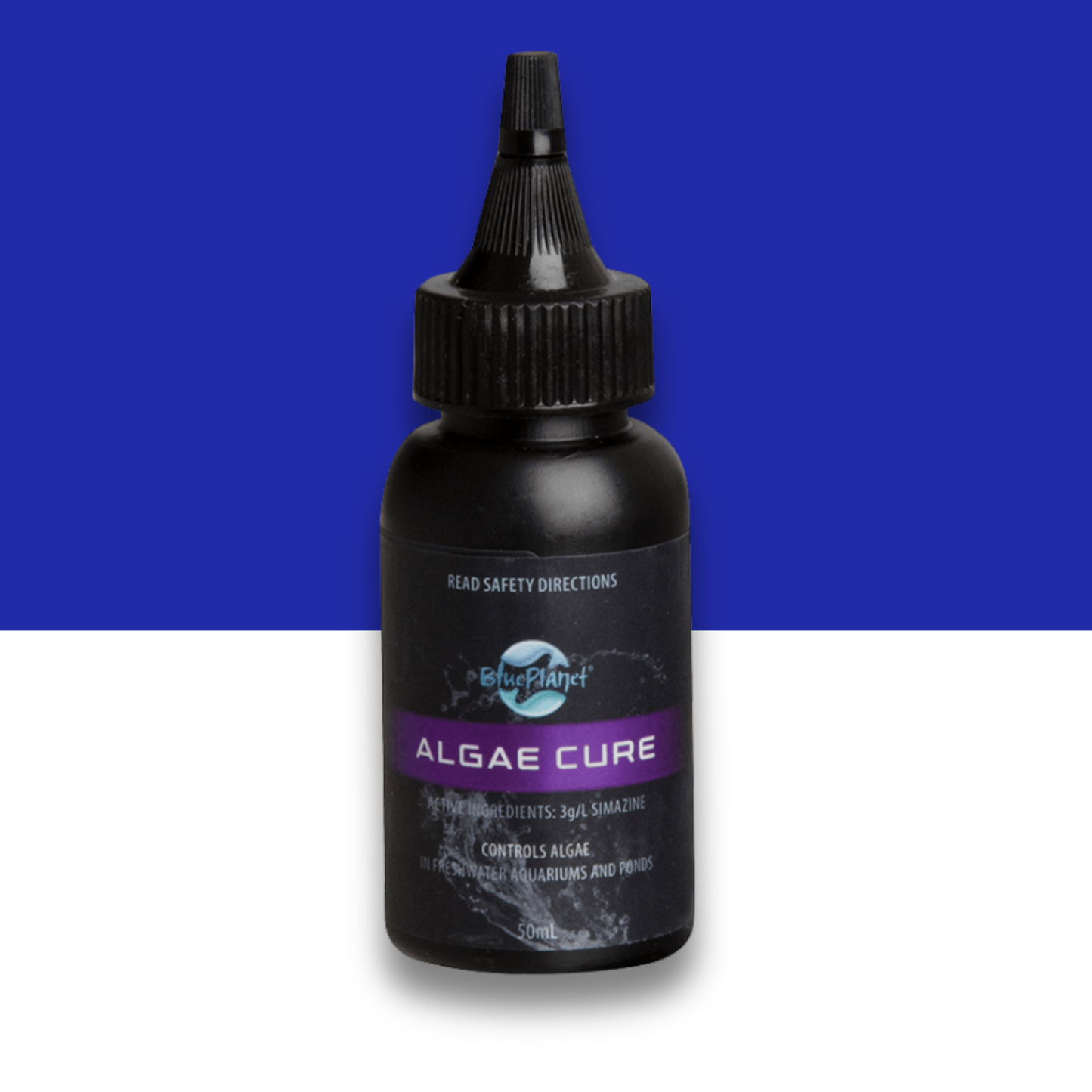 Black bottle labeled Blue Planet Algae Cure on a blue and white background