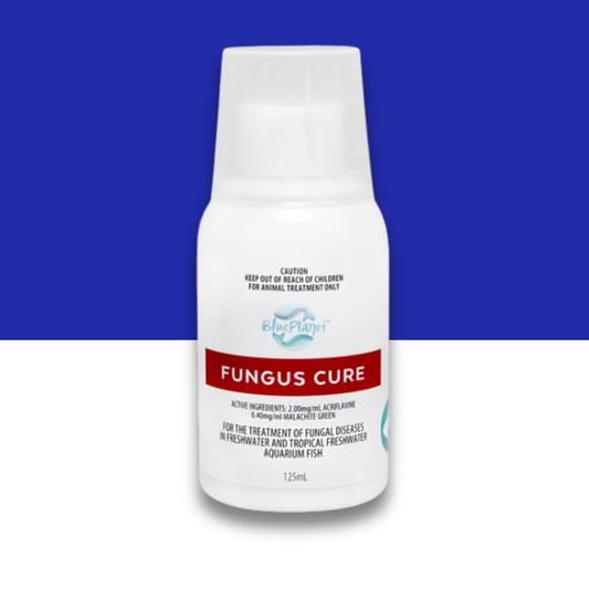 Blue Planet Fungus Cure medication bottle on a blue and white background
