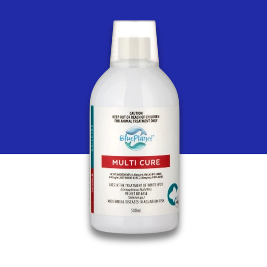 Bottle of Blue Planet Multi Cure on a blue and white background