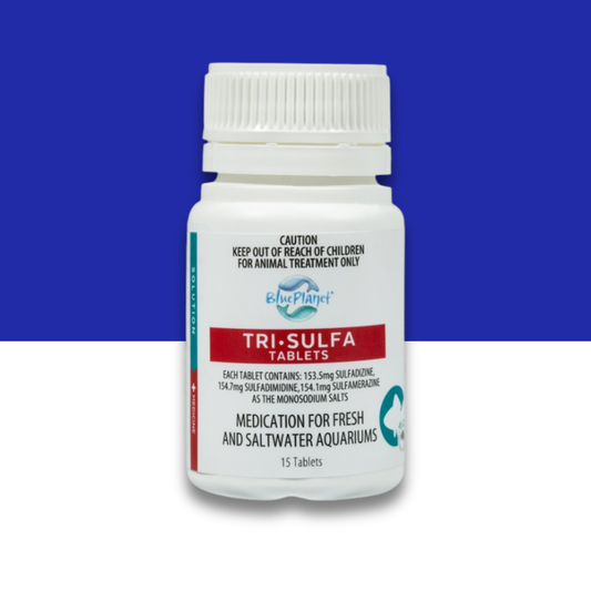 Bottle of Blue Planet Tri-Sulfa tablets for aquariums with a blue and white background
