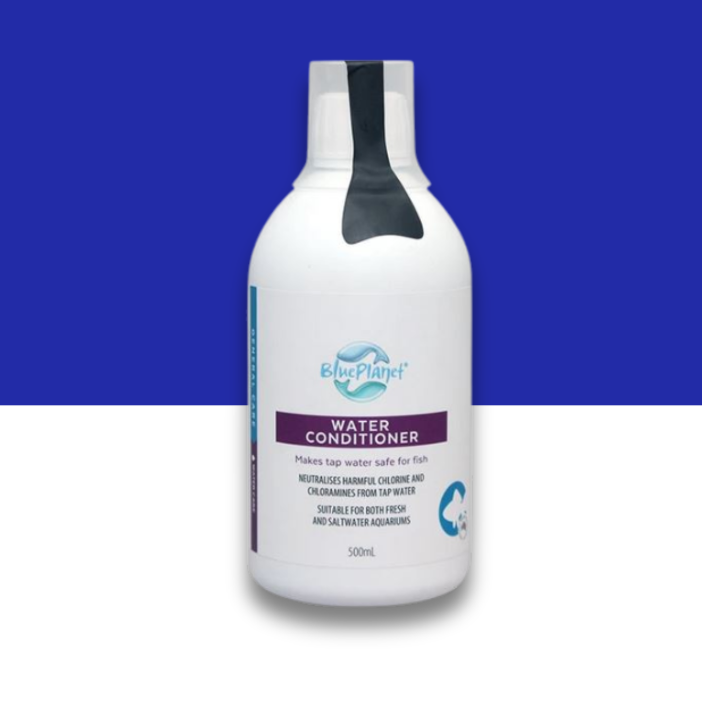 White bottle of Blue Planet water conditioner on a blue and white background