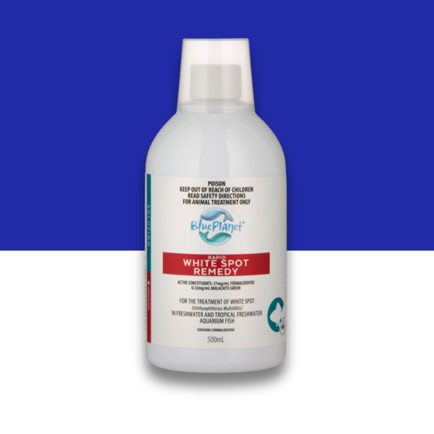 Bottle of Blue Planet White Spot Remedy on a blue and white background