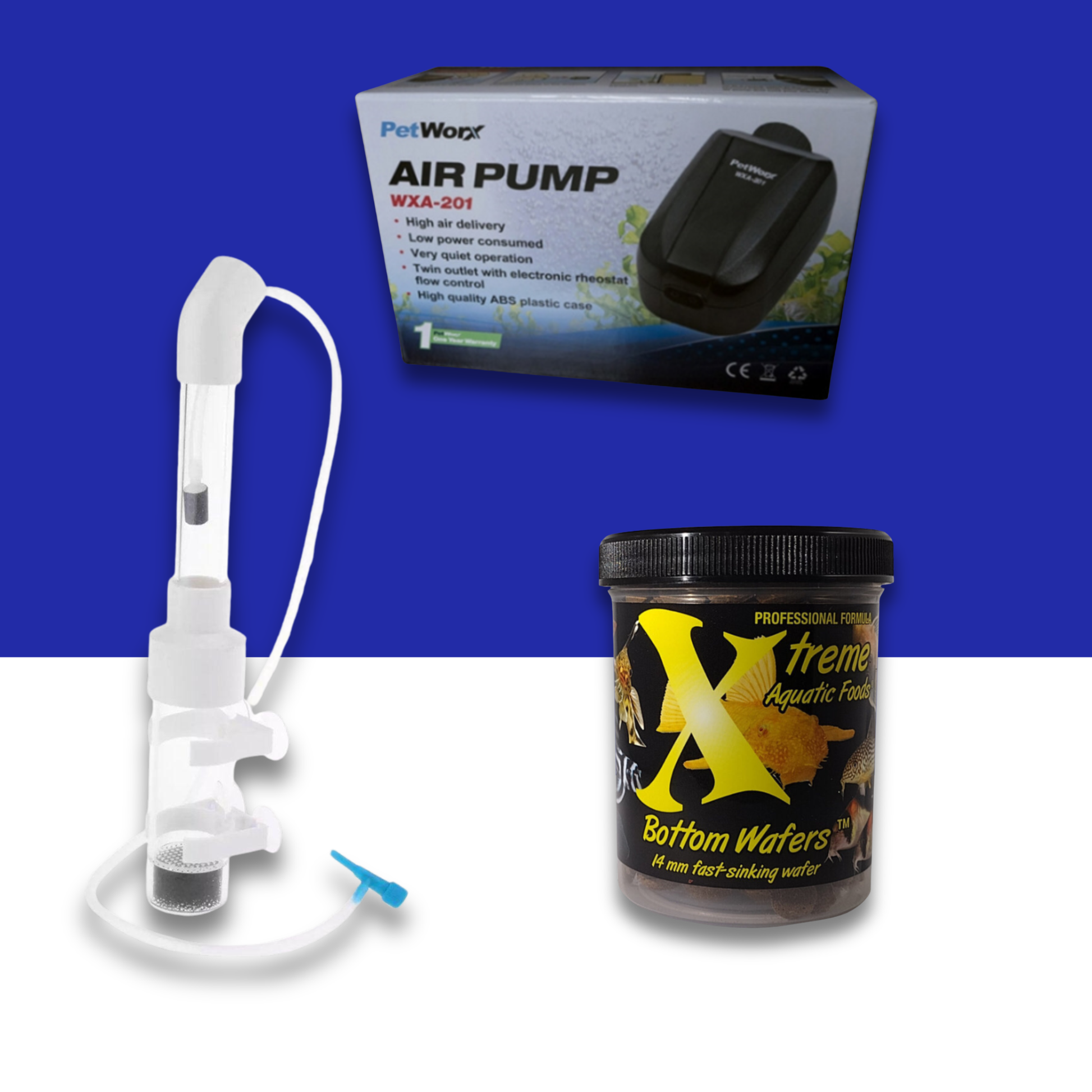 Petworx Twin Air pump, Xtreme bottom wafers container and a fish egg tumbler on a blue and white background