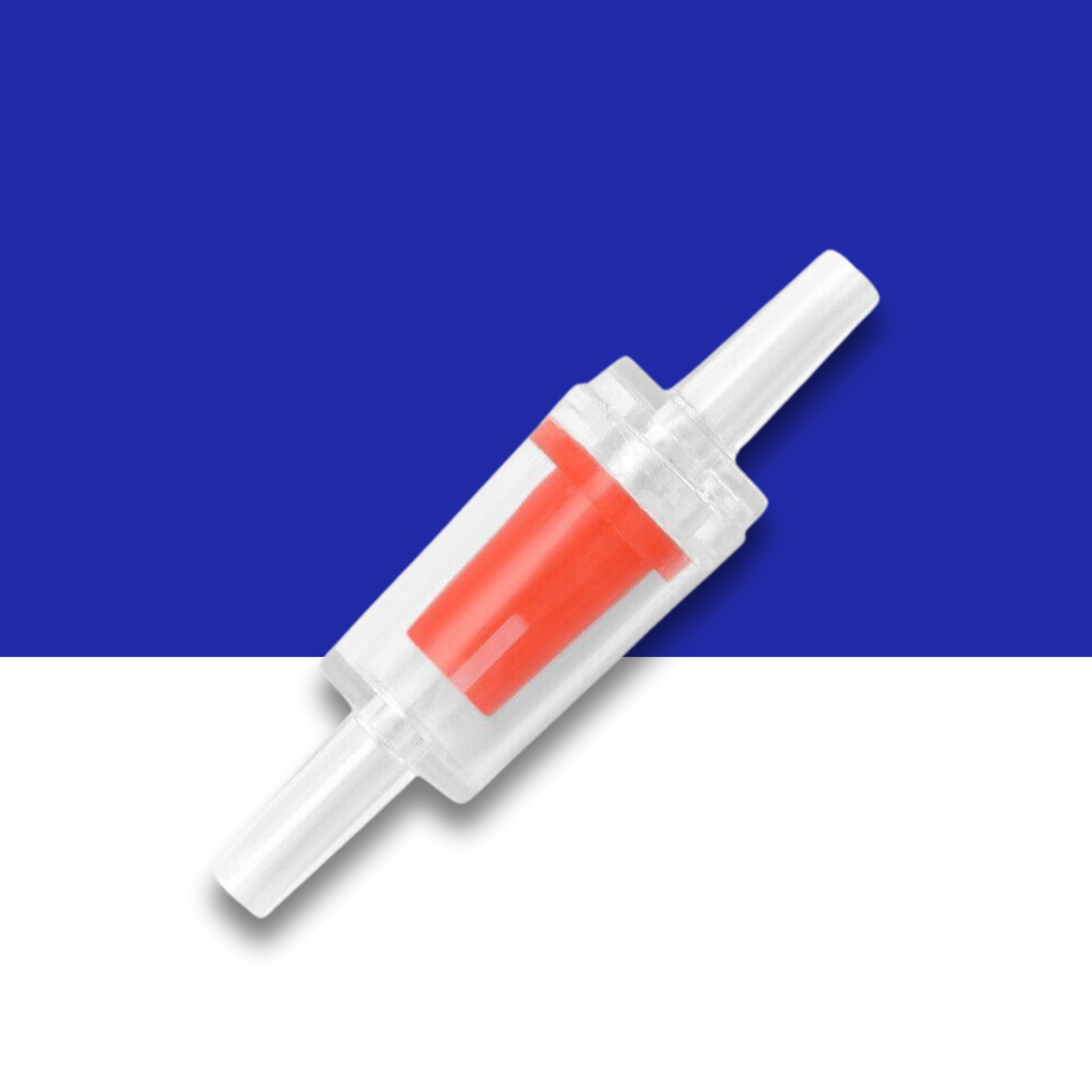 White and red cylindrical object on a blue and white background