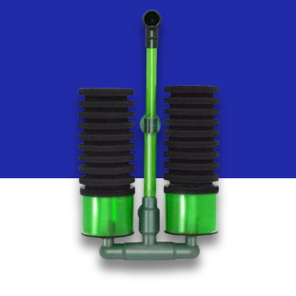 Green and black sponge filter on a blue and white background